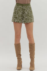 Olive Textured High-Waist Shorts