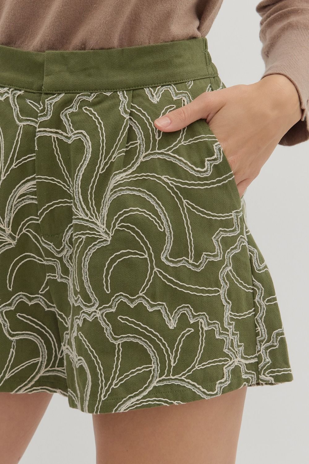 Olive Textured High-Waist Shorts