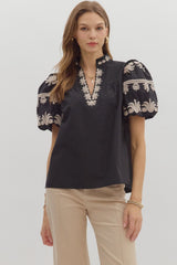 Solid V-Neck Band Collar Pullover