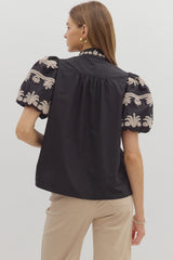 Solid V-Neck Band Collar Pullover