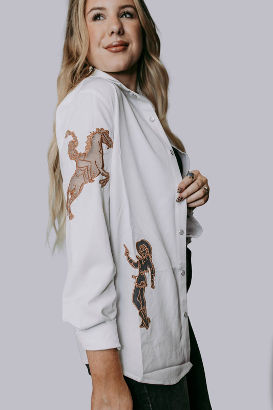 Cut Out Embroidery Pearl Snap Button Down Shirt