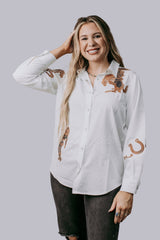 Cut Out Embroidery Pearl Snap Button Down Shirt
